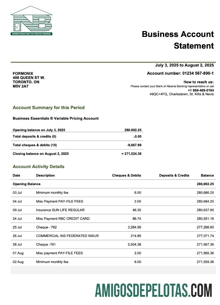 Declaração de empresa comercial de São Cristóvão e Nevis SKNA em formato Word e PDF exemplo real
